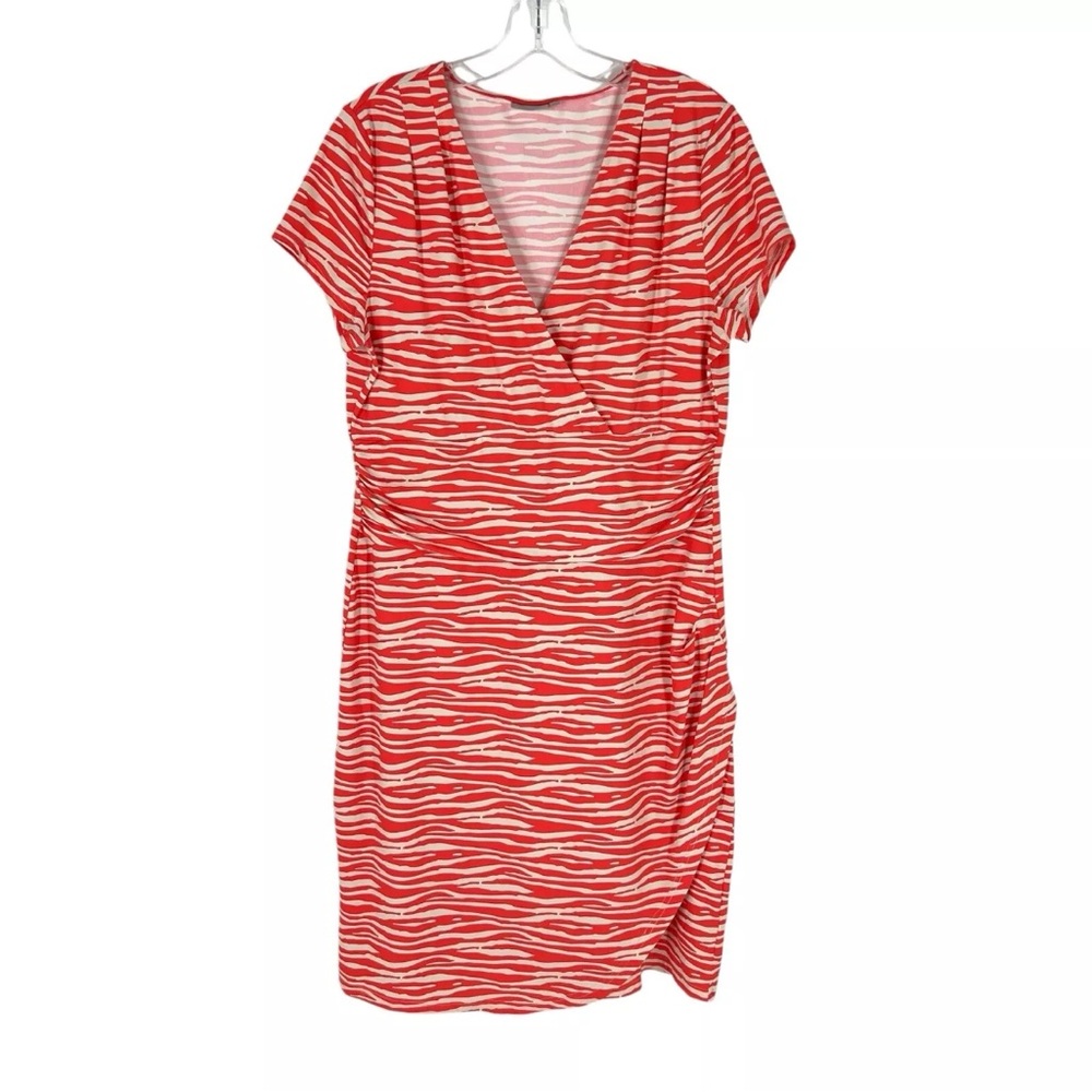 Ellie Kai Dress Womens Size 12 Coral Faux Wrap Ruched Stretch Nylon Knit